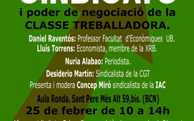 Concep Miró, Lluís Torrens, Desiderio Martín, Nuria Alabao y Daniel Raventós en un acto sobre sindicatos y renta básica